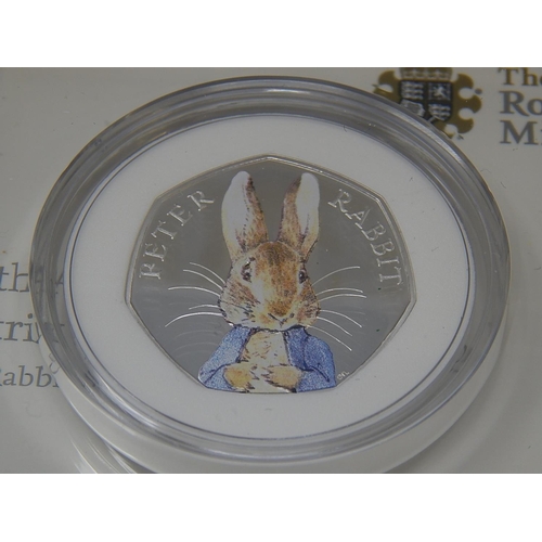 222 - Beatrix Potter 50p Silver Proof Peter Rabbit practically as struck in original box with COA