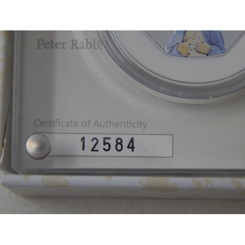 222 - Beatrix Potter 50p Silver Proof Peter Rabbit practically as struck in original box with COA