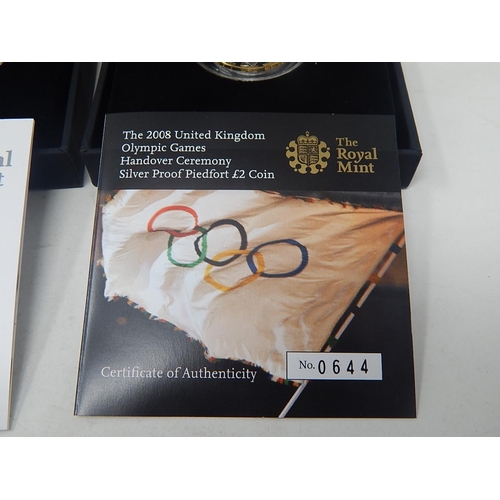 228 - 2008 Olympic Handover Ceremony Piedfort £2 x 2; 2008 £5 Proof x 2