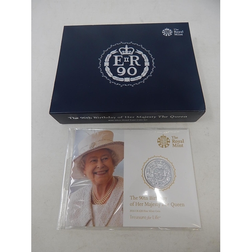 261 - 90th Birthday 4 coin Silver Proof Set and £20 coin practically as struck in original cases of issue ... 