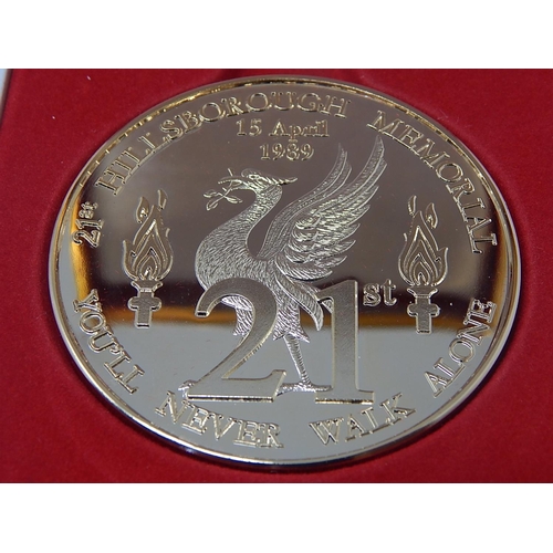 282 - Large Bronze Medallion Hillsborough Memorial 1989 cased; 1998 Silver Proof 50p NHS and another in Pi... 