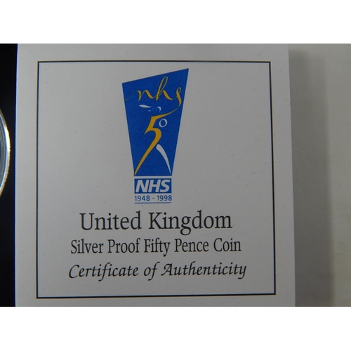 282 - Large Bronze Medallion Hillsborough Memorial 1989 cased; 1998 Silver Proof 50p NHS and another in Pi... 