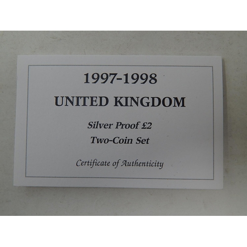 283 - 1997-8 Silver Proof £2 Pair practically as struck in original cases of issue with COA