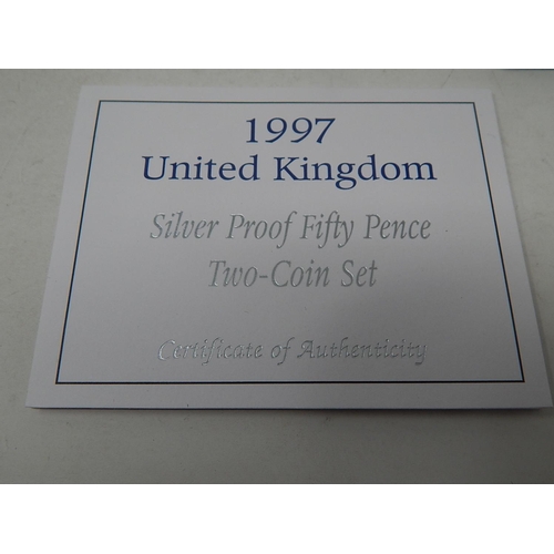 285 - 2001 £1 Silver Proof special frosted finish; 1997 50p pair Silver Proof practically as struck in ori... 