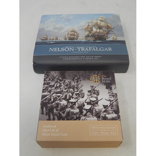 295 - 2005 Nelson Silver Proof 2 Crown Set; 2014 Outbreak £2 Silver coin practically as struck in original... 