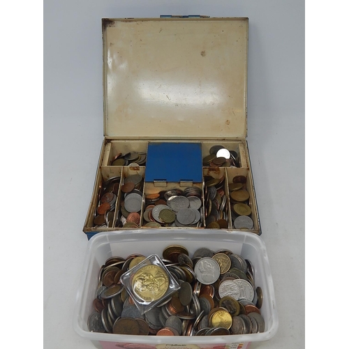 63 - Metal Cash Box & Tub Containing a Large Quantity of Unsorted Coins