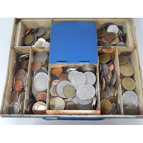 63 - Metal Cash Box & Tub Containing a Large Quantity of Unsorted Coins