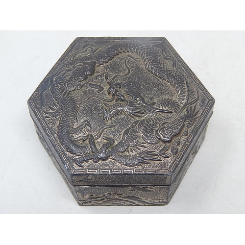 543 - Chinese White Metal Six Sided Box with Dragon Decoration to the top: 6.5cm Diameter