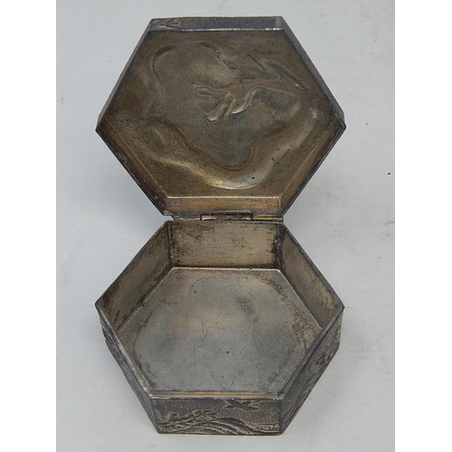 543 - Chinese White Metal Six Sided Box with Dragon Decoration to the top: 6.5cm Diameter