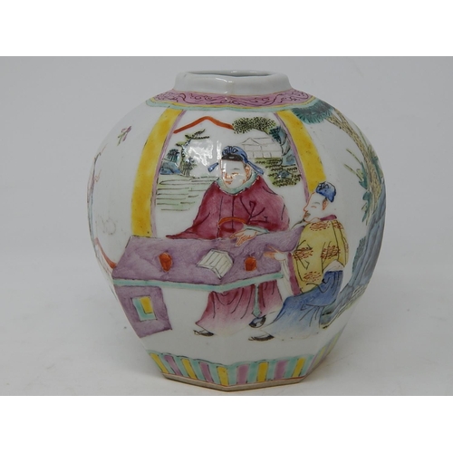 544 - Chinese octagonal porcelain jar, hand painted in the famille rose palette with figures, six figure c... 