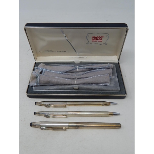 548 - CROSS: Sterling Silver Pens & Pencil Set to Commemorate QEII Silver Jubilee 1977 in Original Fitted ... 