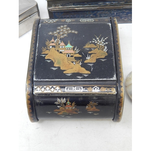 550 - Quantity of Boxes to Include an Oriental Black Metal Tea Caddy & a Mother of Pearl Ring Box