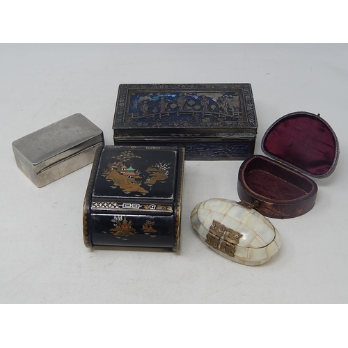 550 - Quantity of Boxes to Include an Oriental Black Metal Tea Caddy & a Mother of Pearl Ring Box