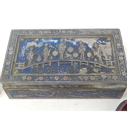 550 - Quantity of Boxes to Include an Oriental Black Metal Tea Caddy & a Mother of Pearl Ring Box