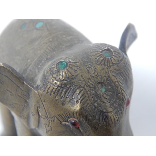 553 - Indian Brass Elephant Inset with Coloured Stones: 11 cm