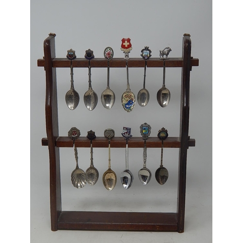 564 - Collection of Silver Plated & White Metal Souvenir Spoons with Wooden Rack.