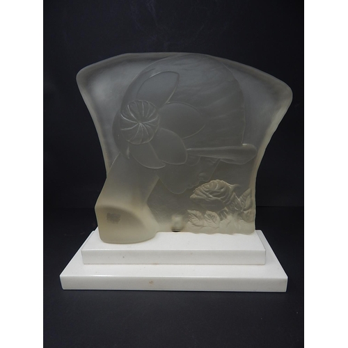 569 - LALIQUE STYLE: Art Deco Glass Bust of a Lady Smelling a Rose Mounted on a Stepped White Marble Base ... 