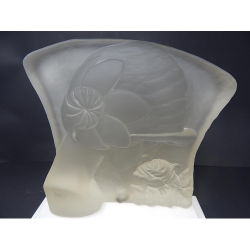 569 - LALIQUE STYLE: Art Deco Glass Bust of a Lady Smelling a Rose Mounted on a Stepped White Marble Base ... 