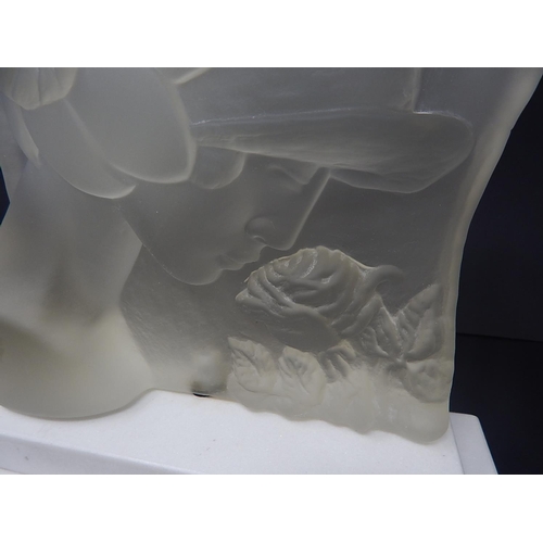 569 - LALIQUE STYLE: Art Deco Glass Bust of a Lady Smelling a Rose Mounted on a Stepped White Marble Base ... 