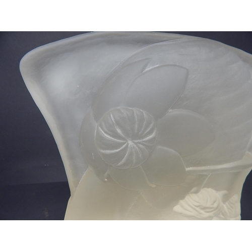 569 - LALIQUE STYLE: Art Deco Glass Bust of a Lady Smelling a Rose Mounted on a Stepped White Marble Base ... 