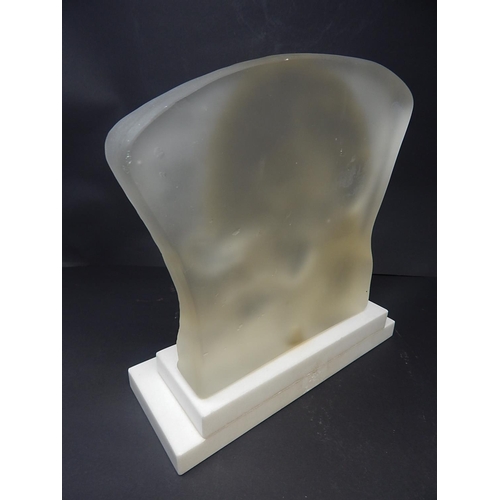 569 - LALIQUE STYLE: Art Deco Glass Bust of a Lady Smelling a Rose Mounted on a Stepped White Marble Base ... 