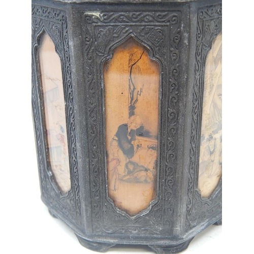 576 - Antique Chinese Pewter Tea Caddy Having Panels with Chinese Scenes. Seal Mark to Base: Height 18cm