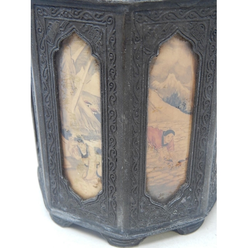 576 - Antique Chinese Pewter Tea Caddy Having Panels with Chinese Scenes. Seal Mark to Base: Height 18cm