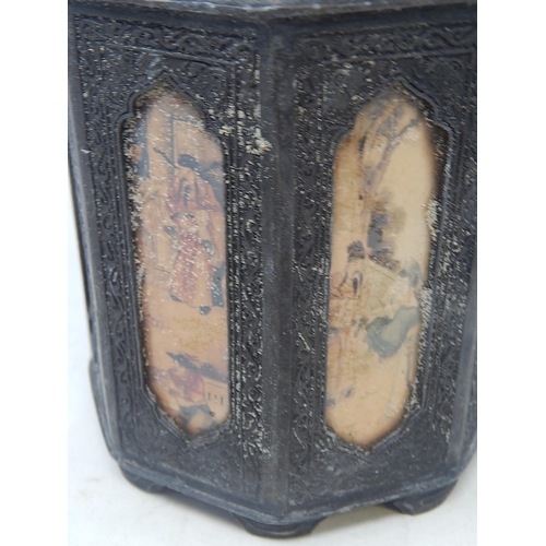 576 - Antique Chinese Pewter Tea Caddy Having Panels with Chinese Scenes. Seal Mark to Base: Height 18cm