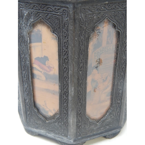 576 - Antique Chinese Pewter Tea Caddy Having Panels with Chinese Scenes. Seal Mark to Base: Height 18cm