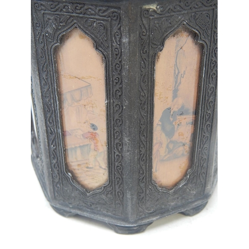 576 - Antique Chinese Pewter Tea Caddy Having Panels with Chinese Scenes. Seal Mark to Base: Height 18cm