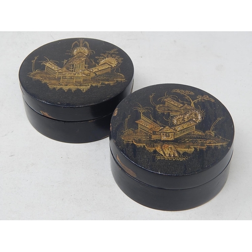 579 - Pair of Antique Chinese Lacquer Circular Boxes: The Lids with Gold Coloured Decoration. The Interior... 