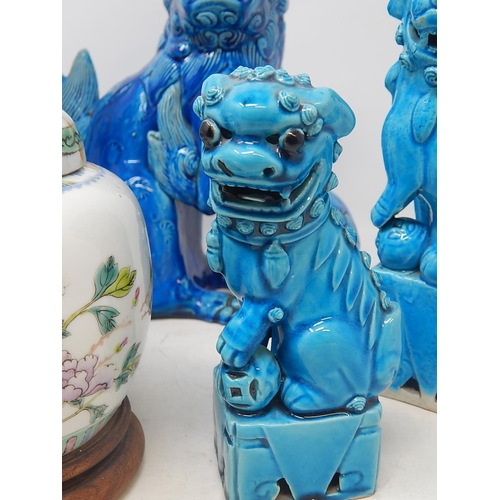 583 - Four Oriental Tomb Dogs together with a Chinese Ginger Jar on Wooden Stand. The Tallest 26cm