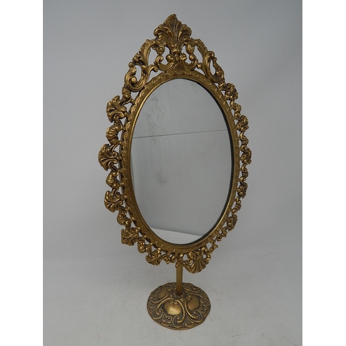 595 - Gilt Metal Adjustable Table Mirror with Shell & Rococo Decoration: Height 44cm