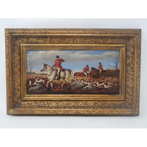 596 - Antique Oil Painting of The Hunt: Hounds with Huntsmen on Horseback in an Ornate Giltwood Frame. 37c... 