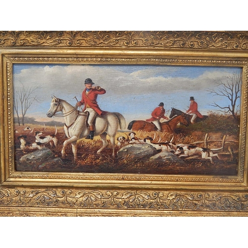 596 - Antique Oil Painting of The Hunt: Hounds with Huntsmen on Horseback in an Ornate Giltwood Frame. 37c... 