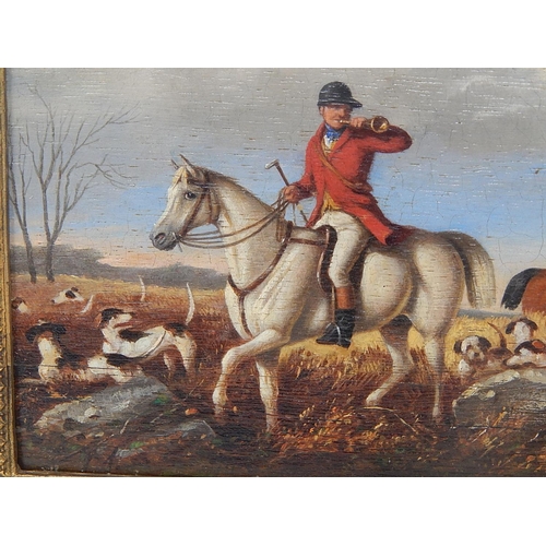 596 - Antique Oil Painting of The Hunt: Hounds with Huntsmen on Horseback in an Ornate Giltwood Frame. 37c... 