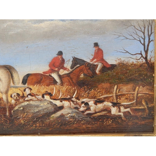 596 - Antique Oil Painting of The Hunt: Hounds with Huntsmen on Horseback in an Ornate Giltwood Frame. 37c... 