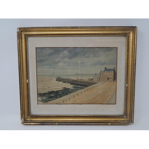 598 - Watercolour of a Pier & Buildings in a Giltwood Frame: 34cm x 29cm Framed