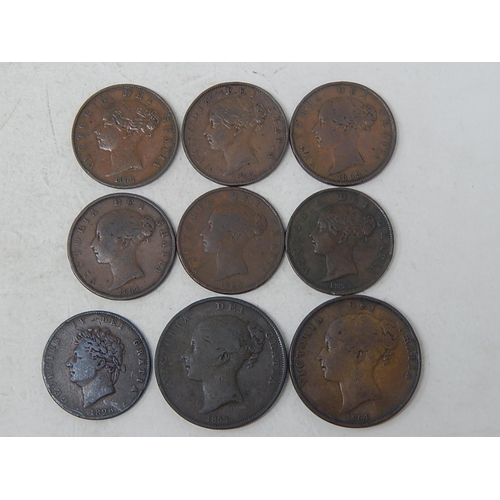 9 - George IV Copper Halfpenny 1826; Victoria Copper Halfpennies 1853(2), 1854(2), 1858(2); Pennies 1853... 