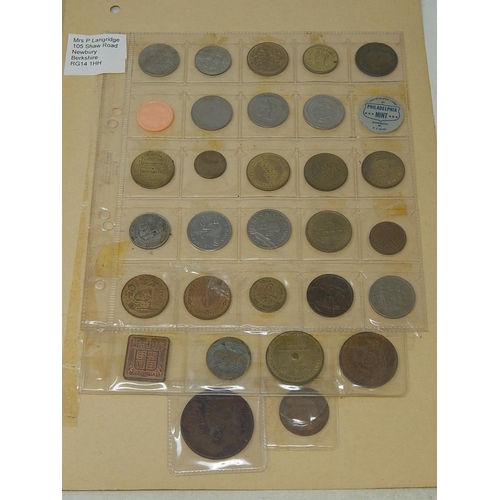 73 - Folder containing selection of Tokens etc including 2 x Royal Mint Trial Dies