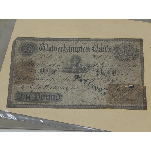 74 - Wolverhampton Bank Early One Pound Note, album of misc notes