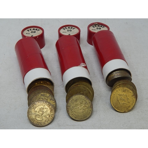 113 - Three Red vintage Sandhill coin storage tubes containing over 130 Gilt Tokens