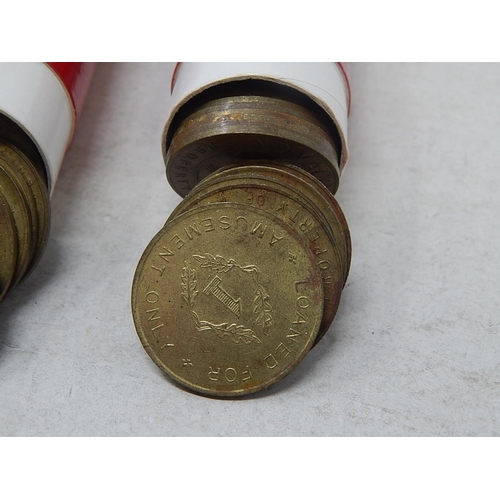 113 - Three Red vintage Sandhill coin storage tubes containing over 130 Gilt Tokens