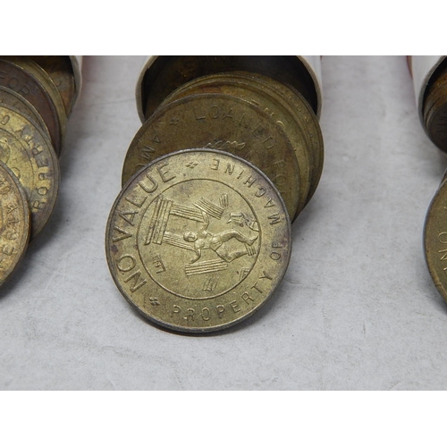 113 - Three Red vintage Sandhill coin storage tubes containing over 130 Gilt Tokens