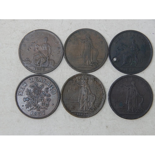 127 - Collection of 6 Rare early New Zealand/Australian tokens 1855-1857 Fine or better, one holed