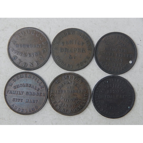 127 - Collection of 6 Rare early New Zealand/Australian tokens 1855-1857 Fine or better, one holed