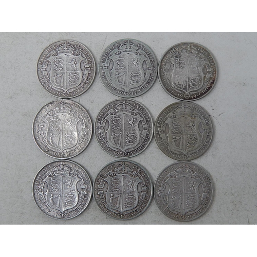 139 - Complete set of George V .925 Silver Halfcrowns 1911 to 1919 Fine to Very Fine