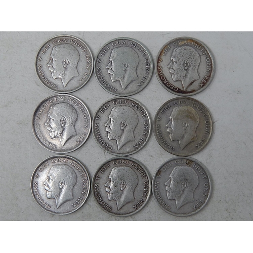 139 - Complete set of George V .925 Silver Halfcrowns 1911 to 1919 Fine to Very Fine