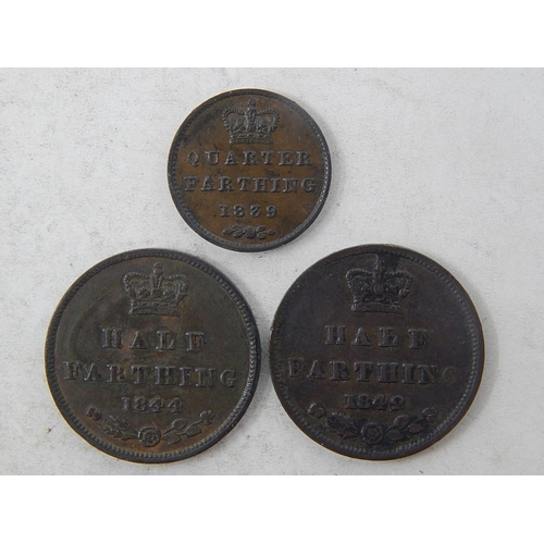 150 - Victoria Copper Quarter Farthing 1839; Half Farthings 1842, 1844 Very Fine or better