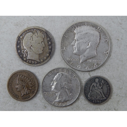 200 - USA Silver Dime 1891; 1./4 Dollar 1899, 1963D, Indian Head 1c 1859; Kennedy Silver Half Dollar 1964